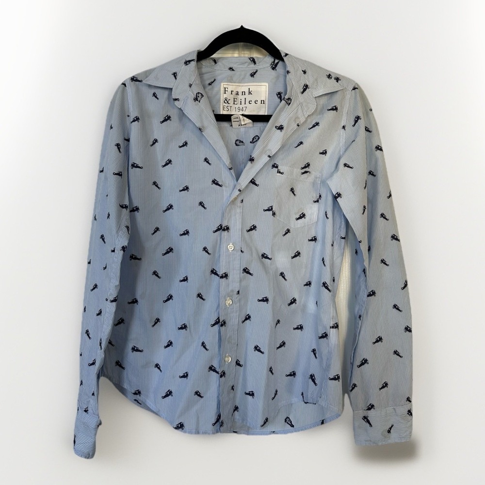 Frank & Eileen Shirt Womens Small Barry Plane Print Italy USA Stripe Button Down
